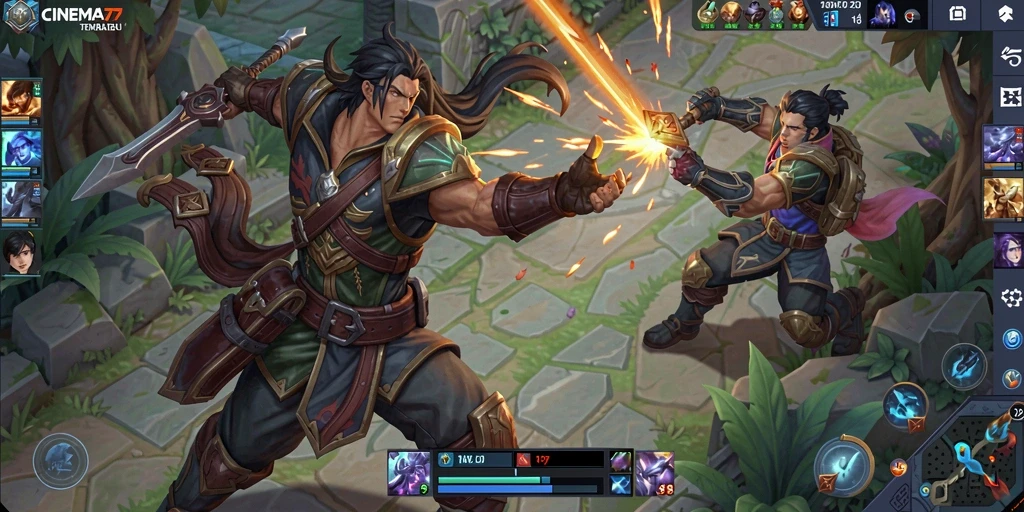Screenshot CINEMA77 menampilkan aksi seru dalam permainan MOBA.