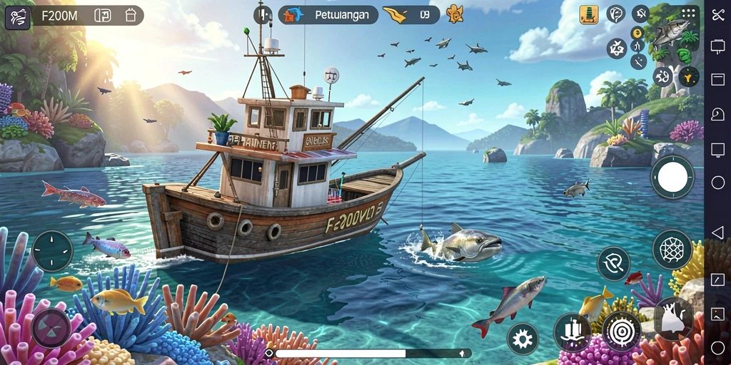 Tampilan gameplay F200M yang menampilkan aksi memancing menarik.