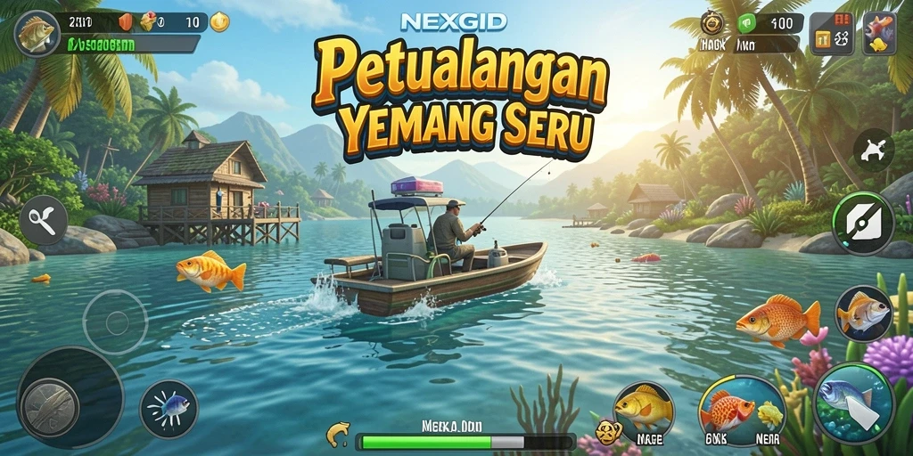 Screenshot gameplay NEXGID menampilkan momen menangkap ikan.